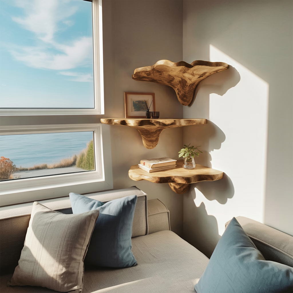 Handcrafted Wooden Live Edge Mushroom Shelf For Entryway Design