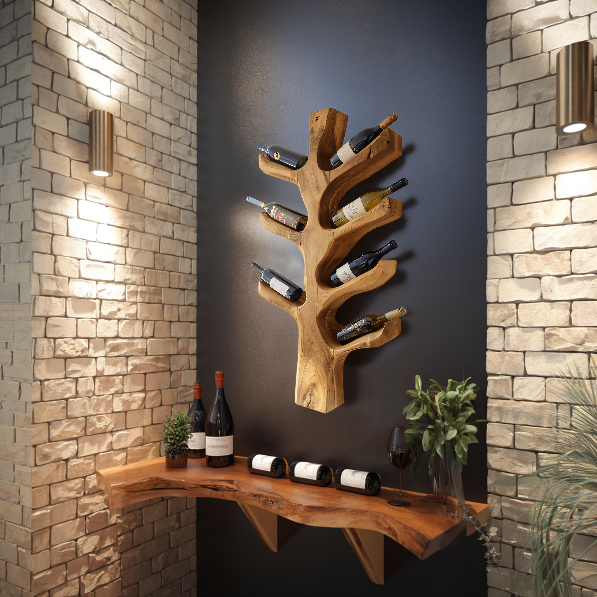 Modern Sculptural Tree Branch Wine Bottle Holder For Kitchen Decor