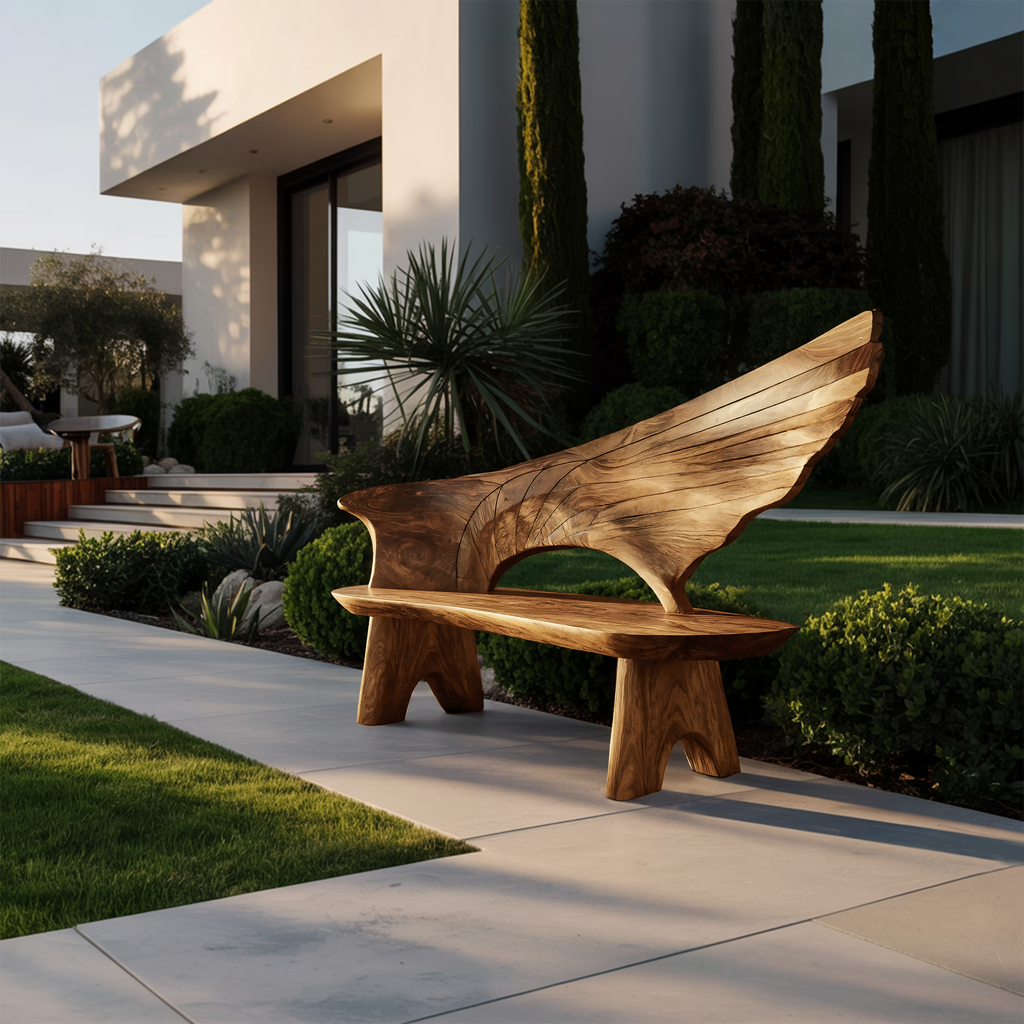 Outdoor Bench With Wing Inspired Carved Backrest For Garden