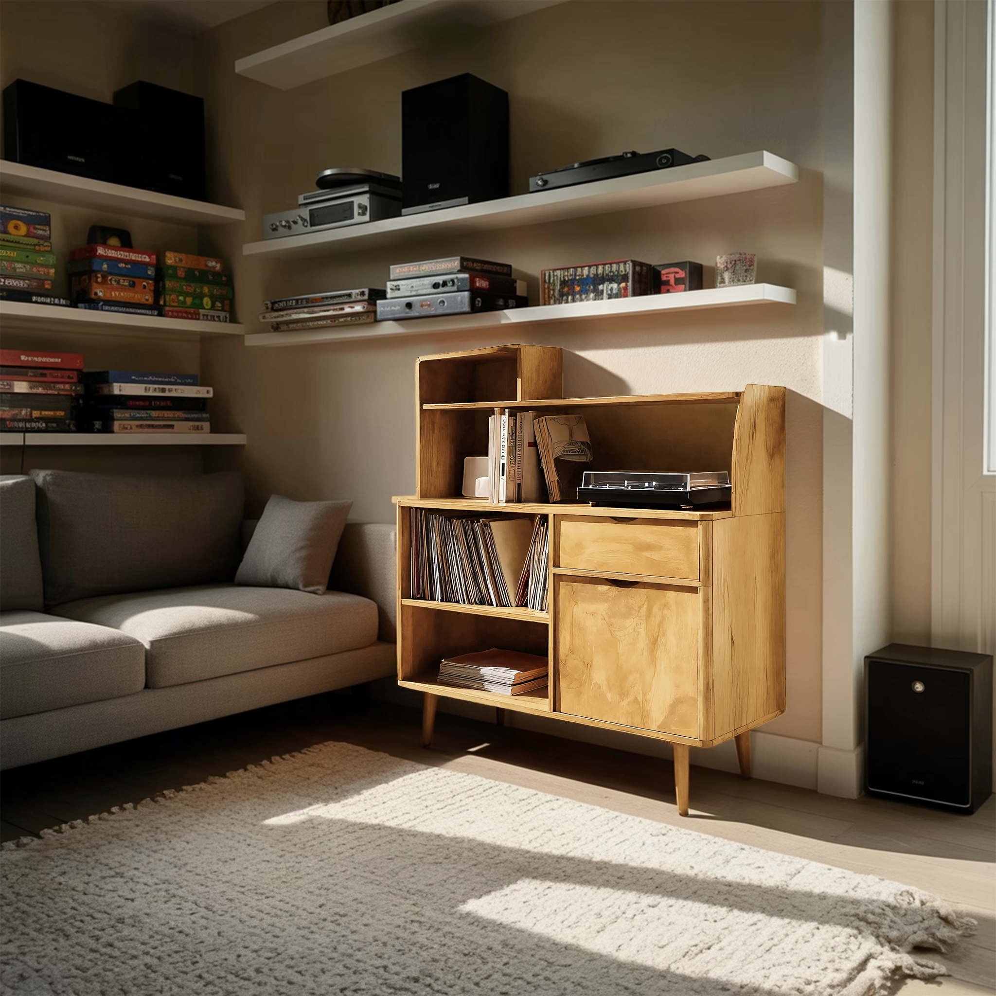 Modern Vinyl Record Cabinet With Drawers For Living