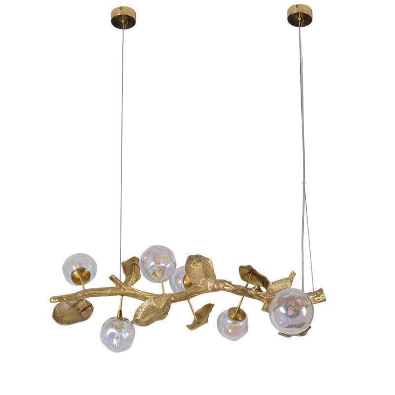 Organic Glass Bubble Brass Branch Chandelier with Leaves - casivra