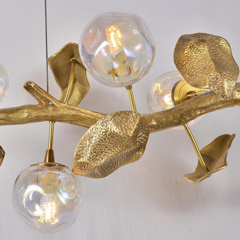 Organic Glass Bubble Brass Branch Chandelier with Leaves - casivra