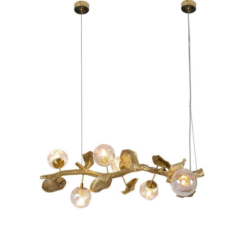 Organic Glass Bubble Brass Branch Chandelier with Leaves - casivra