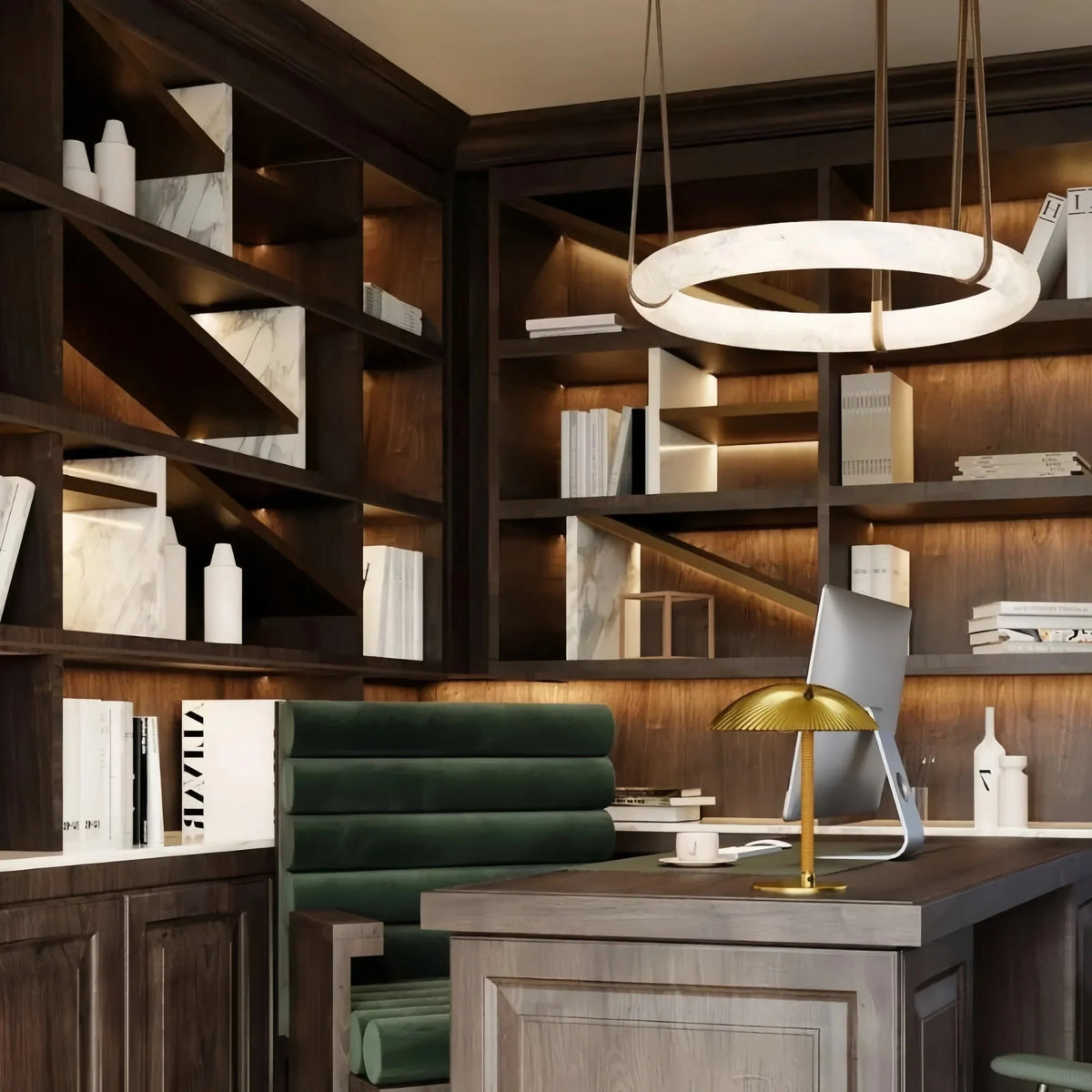Oslo L1P Pendant Alabaster Chandelier, Halo Ring Chandelier With canopy Over Dining Table - 45'' D Single Ringcasivra