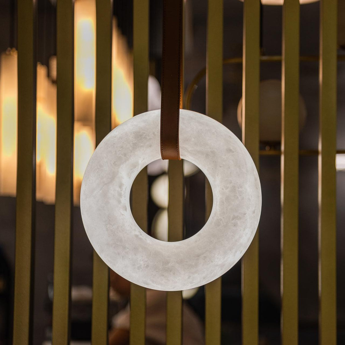 Oslo Pendant Alabaster Chandelier, Halo Ring Chandelier With Leather - 19.7" D Single Ringcasivra