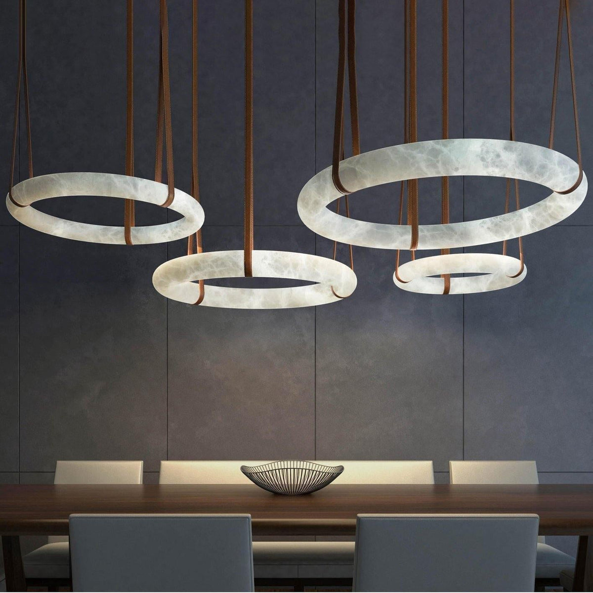 Oslo Pendant Alabaster Chandelier, Halo Ring Chandelier With Leather - 23.6" D Single Ringcasivra