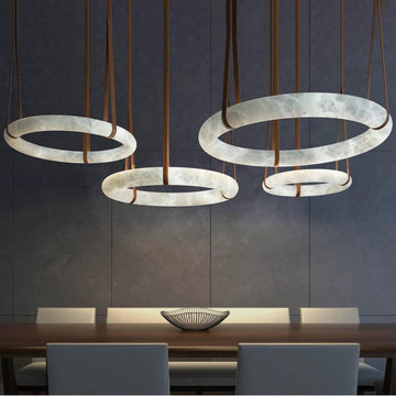Oslo Pendant Alabaster Chandelier, Halo Ring Chandelier With Leather - 23.6" D Single Ringcasivra