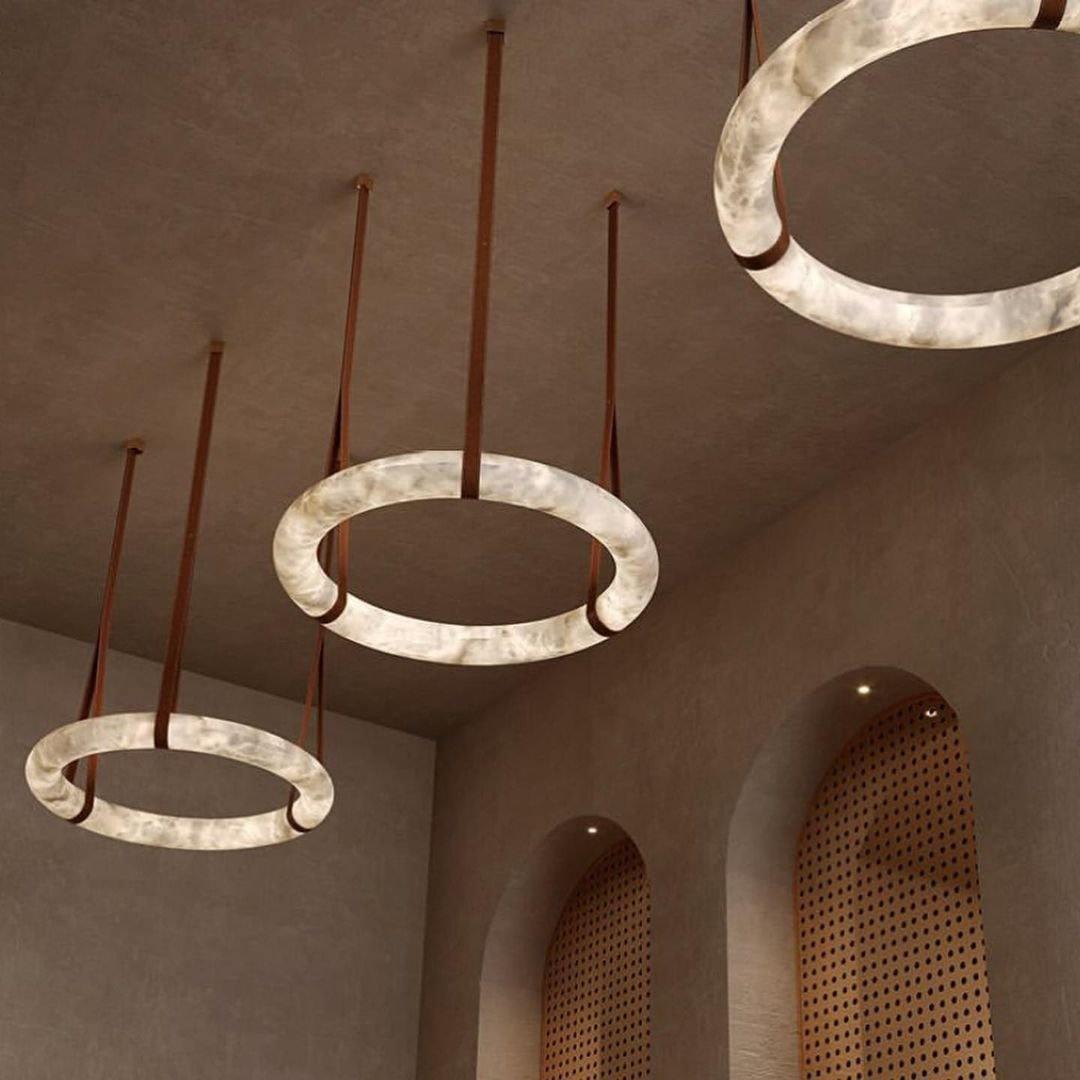 Oslo Pendant Alabaster Chandelier, Halo Ring Chandelier With Leather - 23.6" D Single Ringcasivra