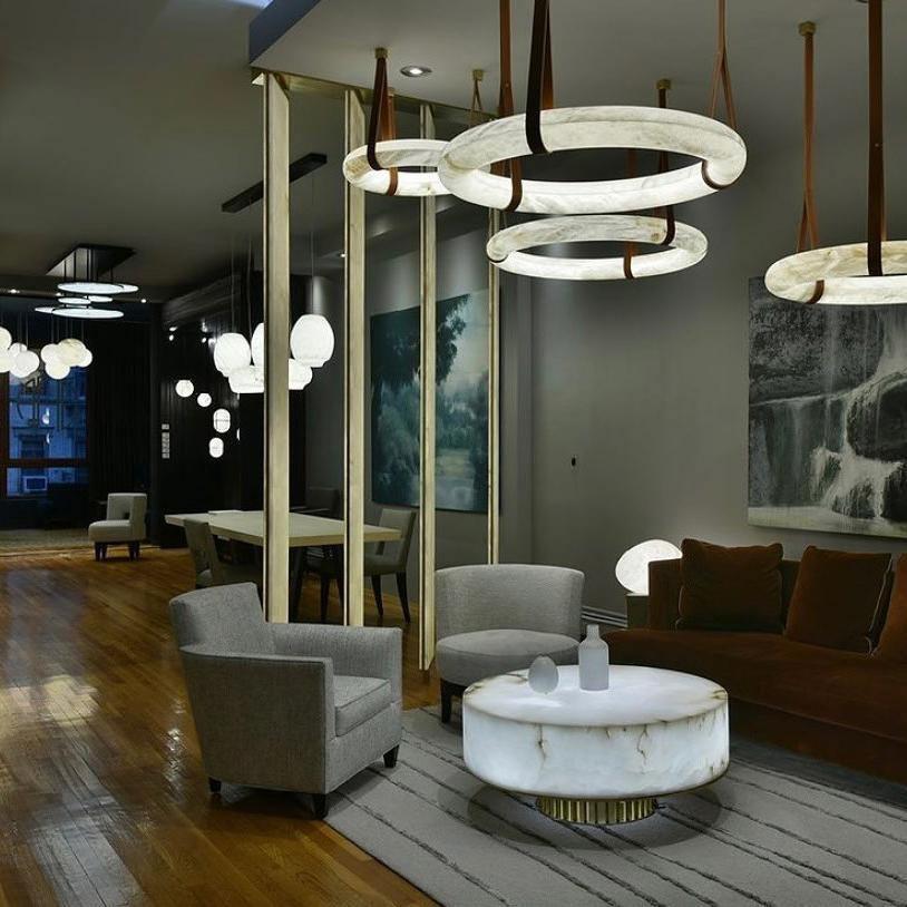 Oslo Pendant Alabaster Chandelier, Halo Ring Chandelier With Leather - 19.7" D Single Ringcasivra