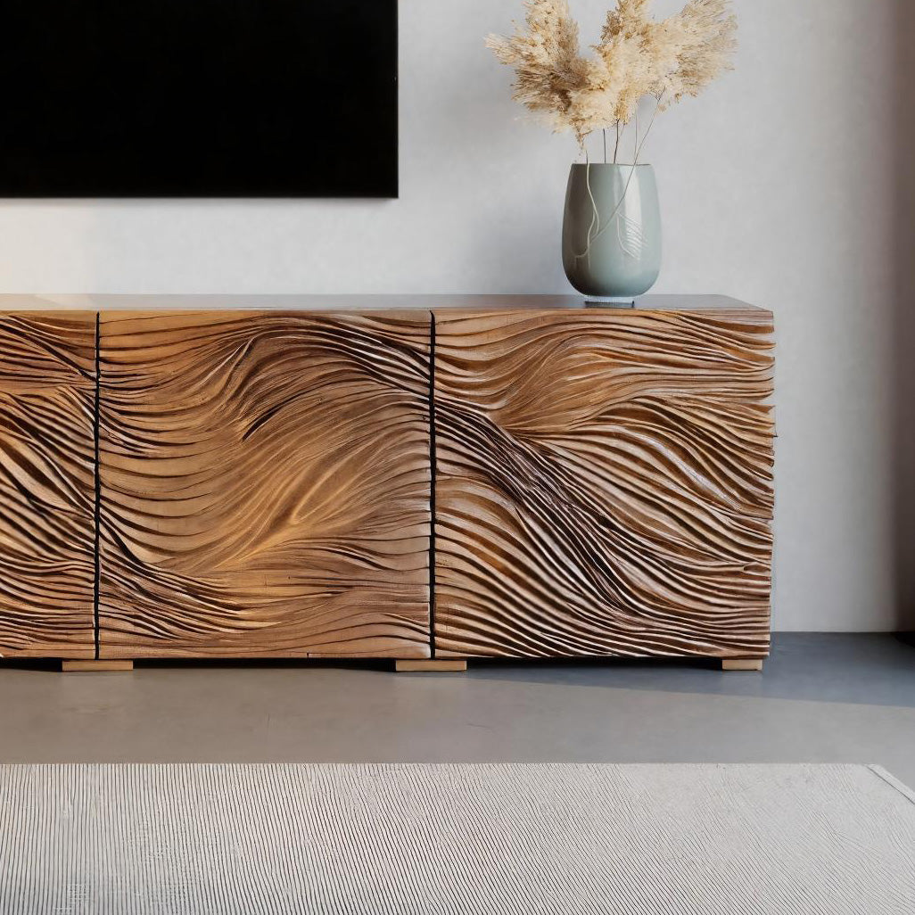 Modern Organic Wave Carved TV Console For Living Room