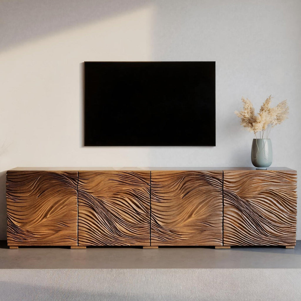 Modern Organic Wave Carved TV Console For Living Room