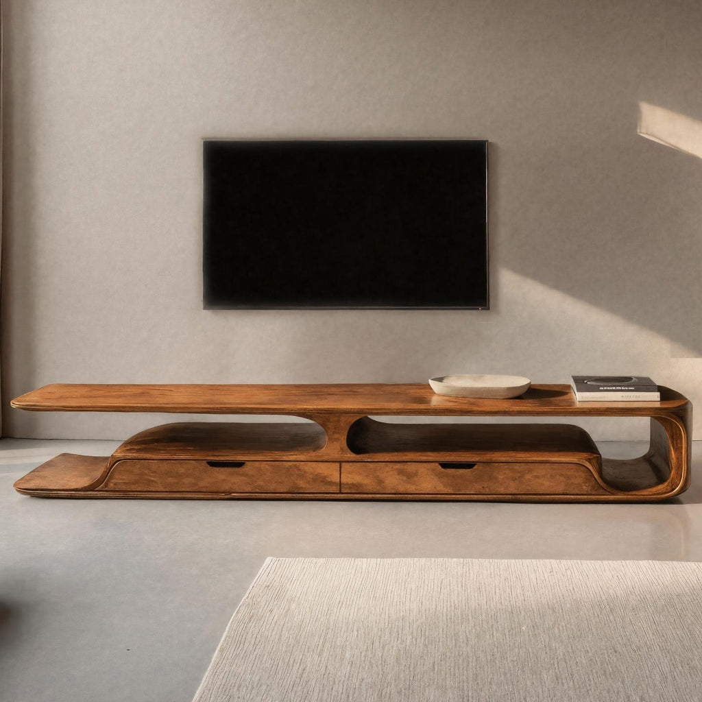 Handcrafted Organic Curved TV Shelf With Drawers For Living Decor