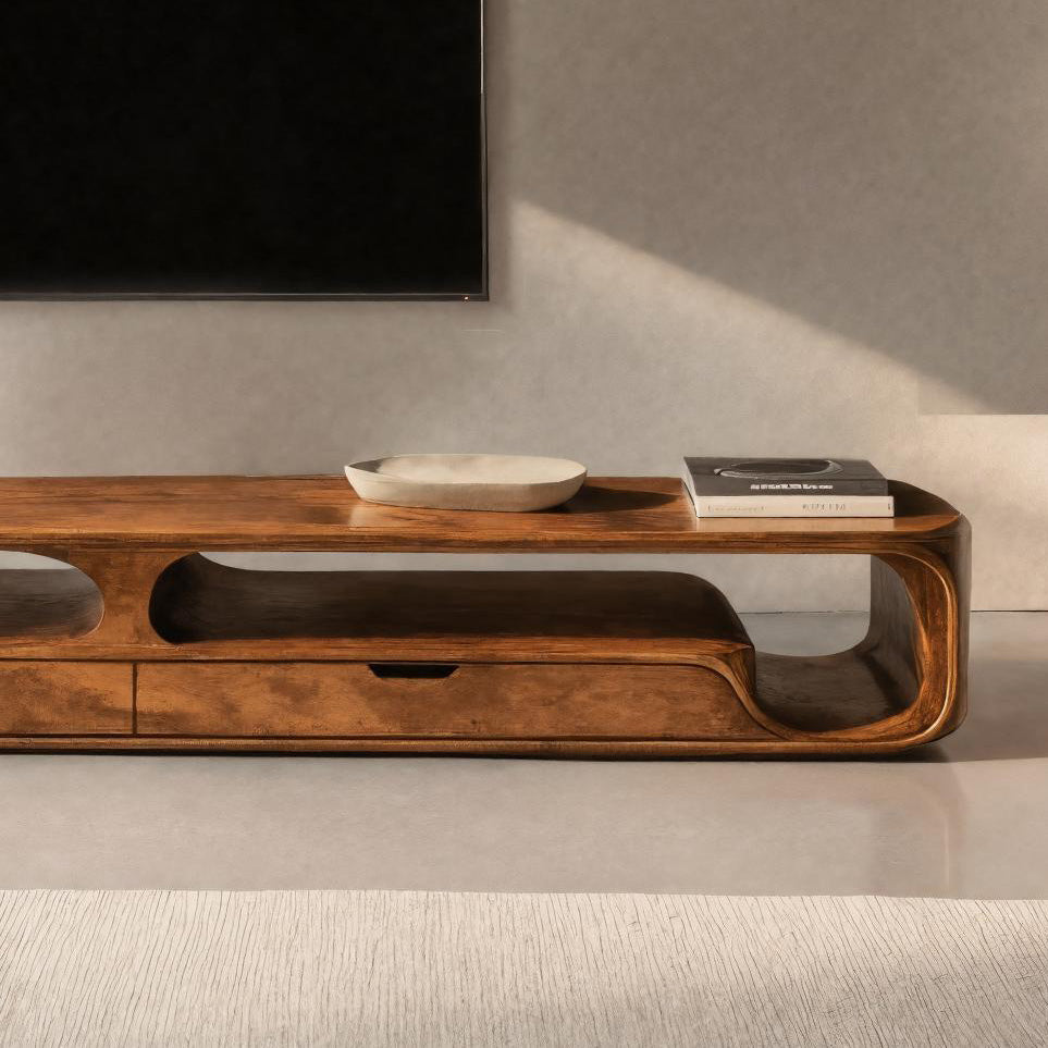 Handcrafted Organic Curved TV Shelf With Drawers For Living Decor
