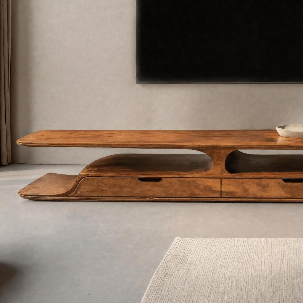 Handcrafted Organic Curved TV Shelf With Drawers For Living Decor
