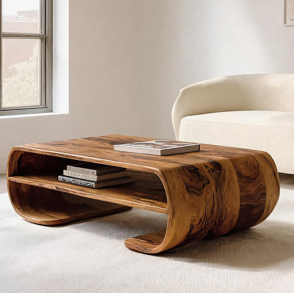 Contemporary Organic Coffee Table With Storage Shelf For Living