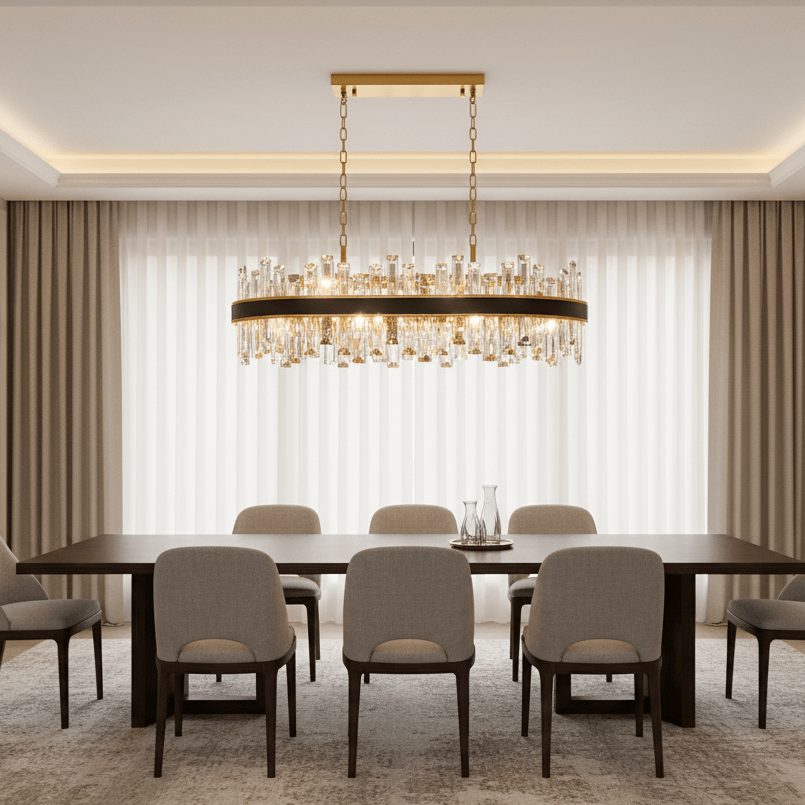 Calvi smoke and clear crystal dining chandelier over a table