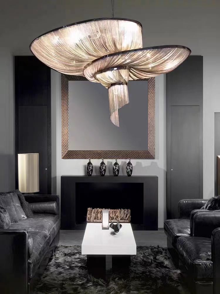 Oversized Art Fashion Spiral Tassel Aluminum Chain Chandelier for Living Room/Foyer - Black NickelD23.6"*H17.7"Warm Lightcasivra