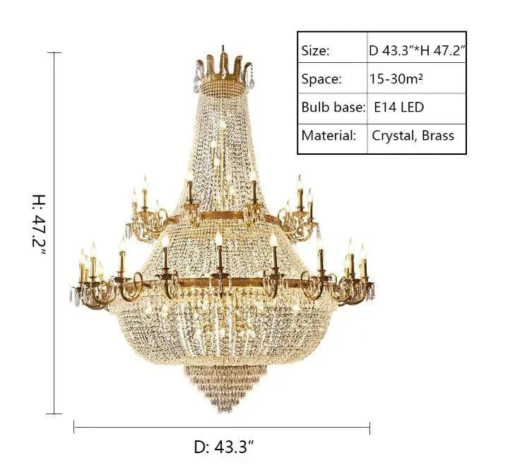 Oversized Luxury Double - layers Golden French Style Crystal Chandelier for Living/Dinning Room/Foyer/Hallway/Staircase - D: 43.3"*H: 47.2"Warm Lightcasivra