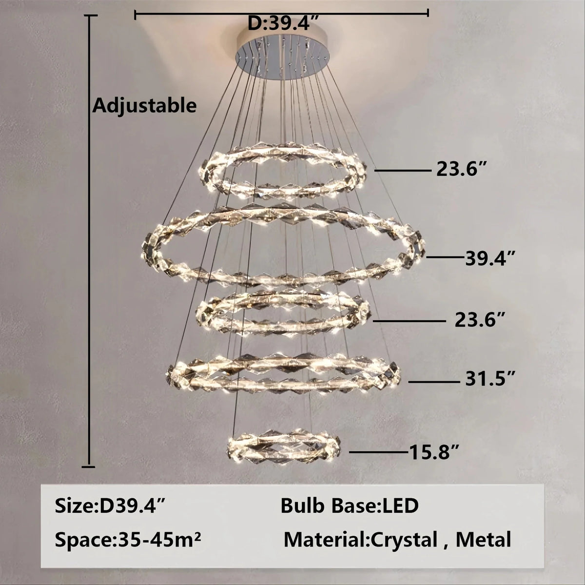 Oversized Multi-Tiered Rings Crystal Chandelier Modern Clear and Grey Crystal Ceiling Light Fixture For Staircase/Foyer/Hallway/Entryway-casivra-casivra