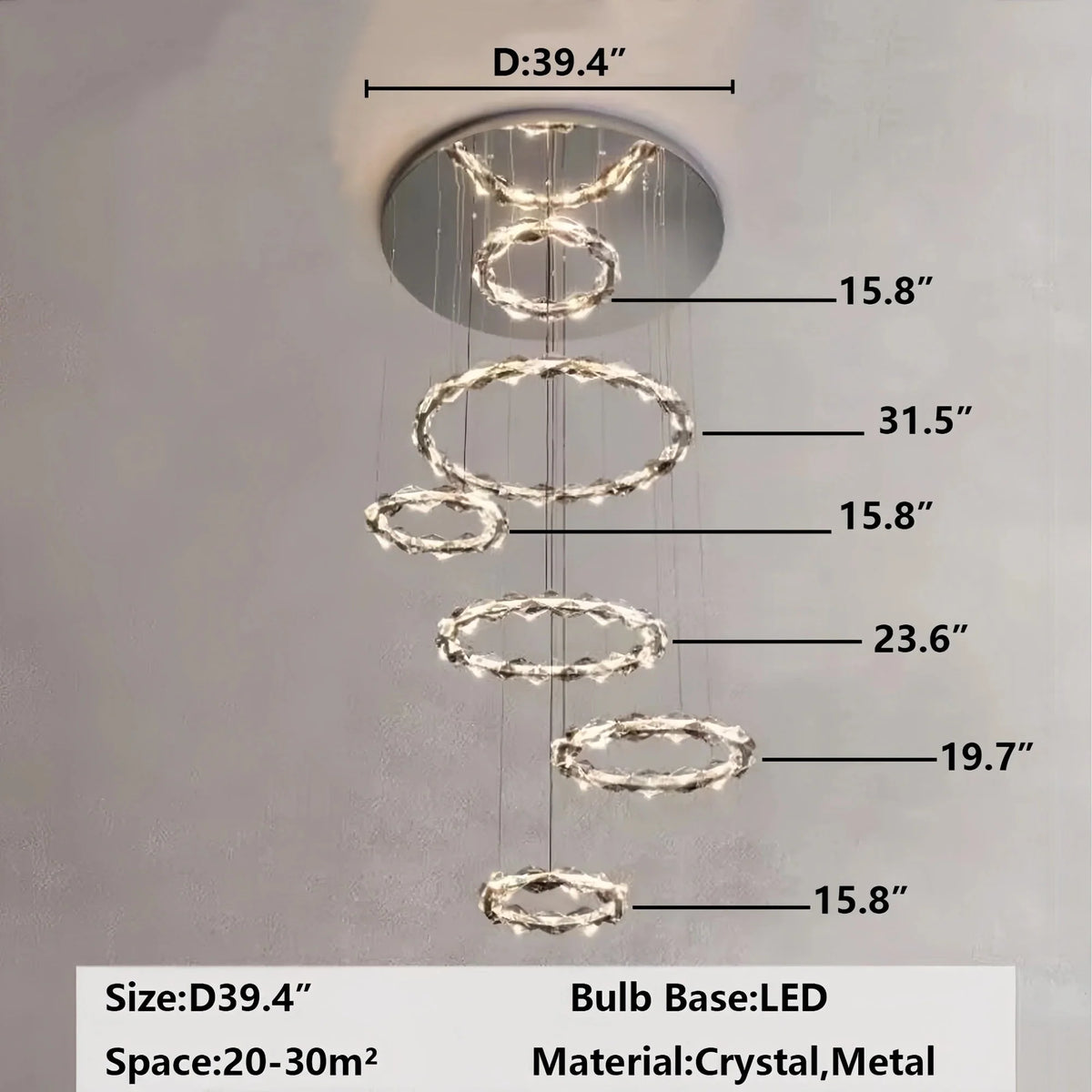 Oversized Multi-Tiered Rings Crystal Chandelier Modern Clear and Grey Crystal Ceiling Light Fixture For Staircase/Foyer/Hallway/Entryway-casivra-casivra