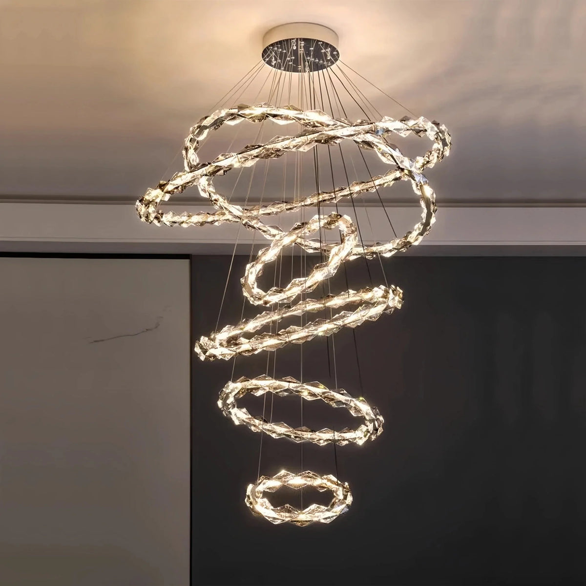 Oversized Multi-Tiered Rings Crystal Chandelier Modern Clear and Grey Crystal Ceiling Light Fixture For Staircase/Foyer/Hallway/Entryway-casivra-casivra