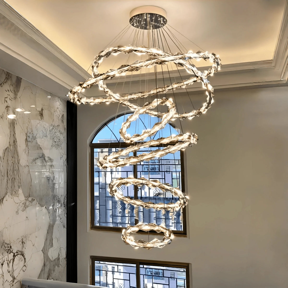 Oversized Multi-Tiered Rings Crystal Chandelier Modern Clear and Grey Crystal Ceiling Light Fixture For Staircase/Foyer/Hallway/Entryway-casivra-casivra