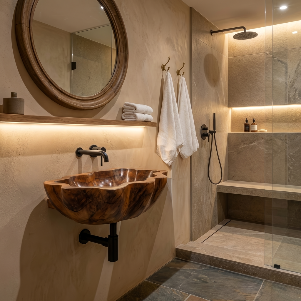 Handcrafted Solid Wood Wash Basin For Artistic Bathroom Interior Decor