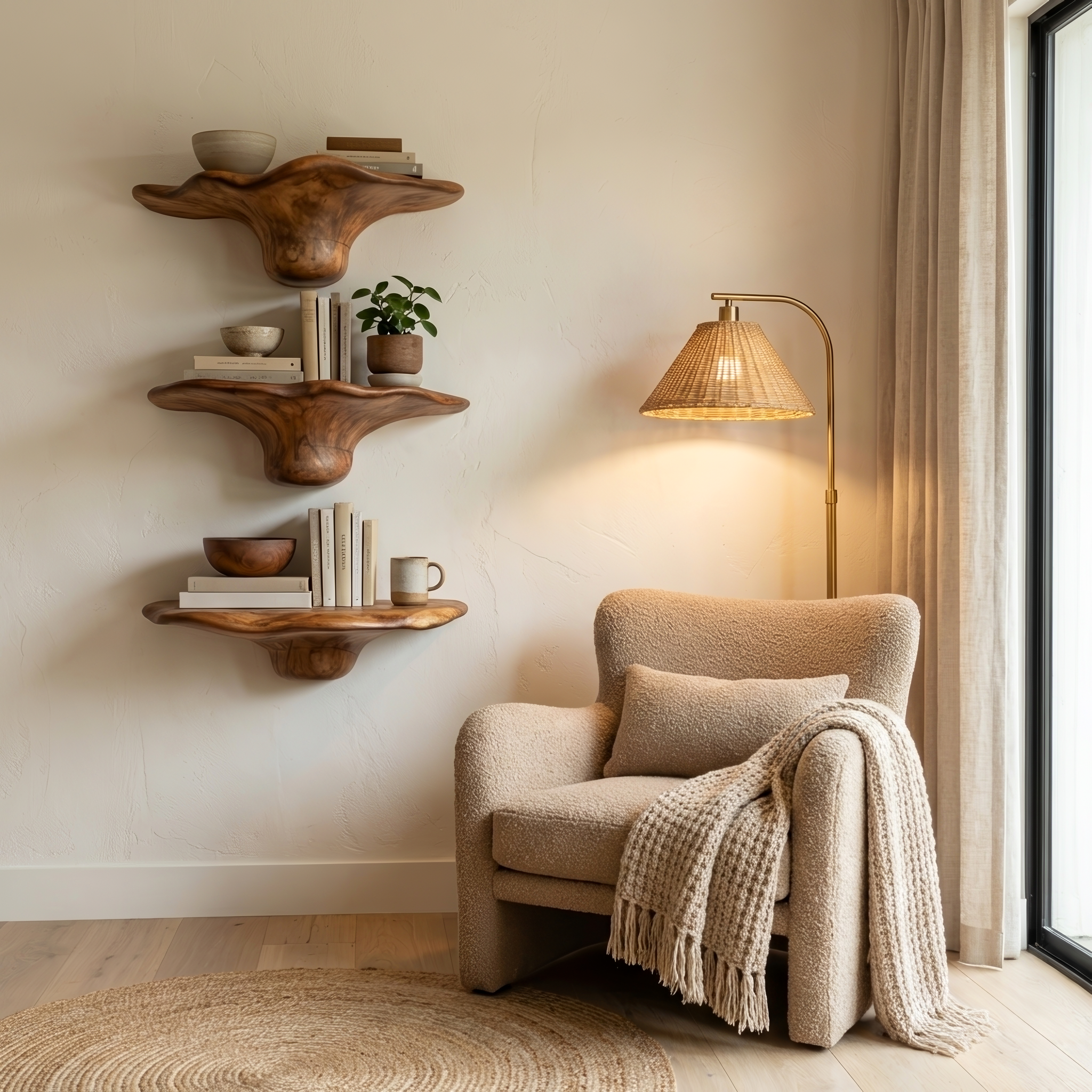 Handcrafted Solid Wood Mushroom Shelf For Bedroom Wall Decor