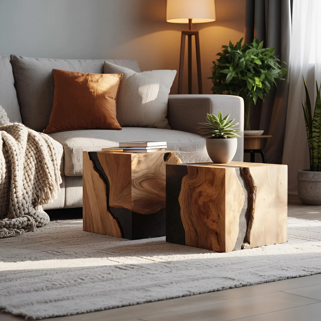 Mid Century Wooden Cube Coffee Table For Living Room Decor