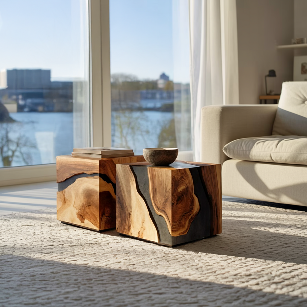 Mid Century Wooden Cube Coffee Table For Entryway Decor