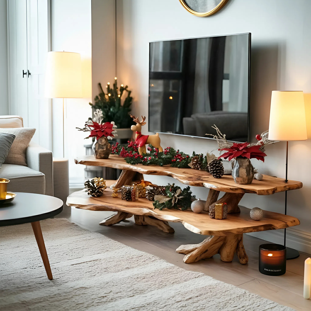 Mid Century Wooden Live Edge TV Console For Holiday Bedroom Christmas