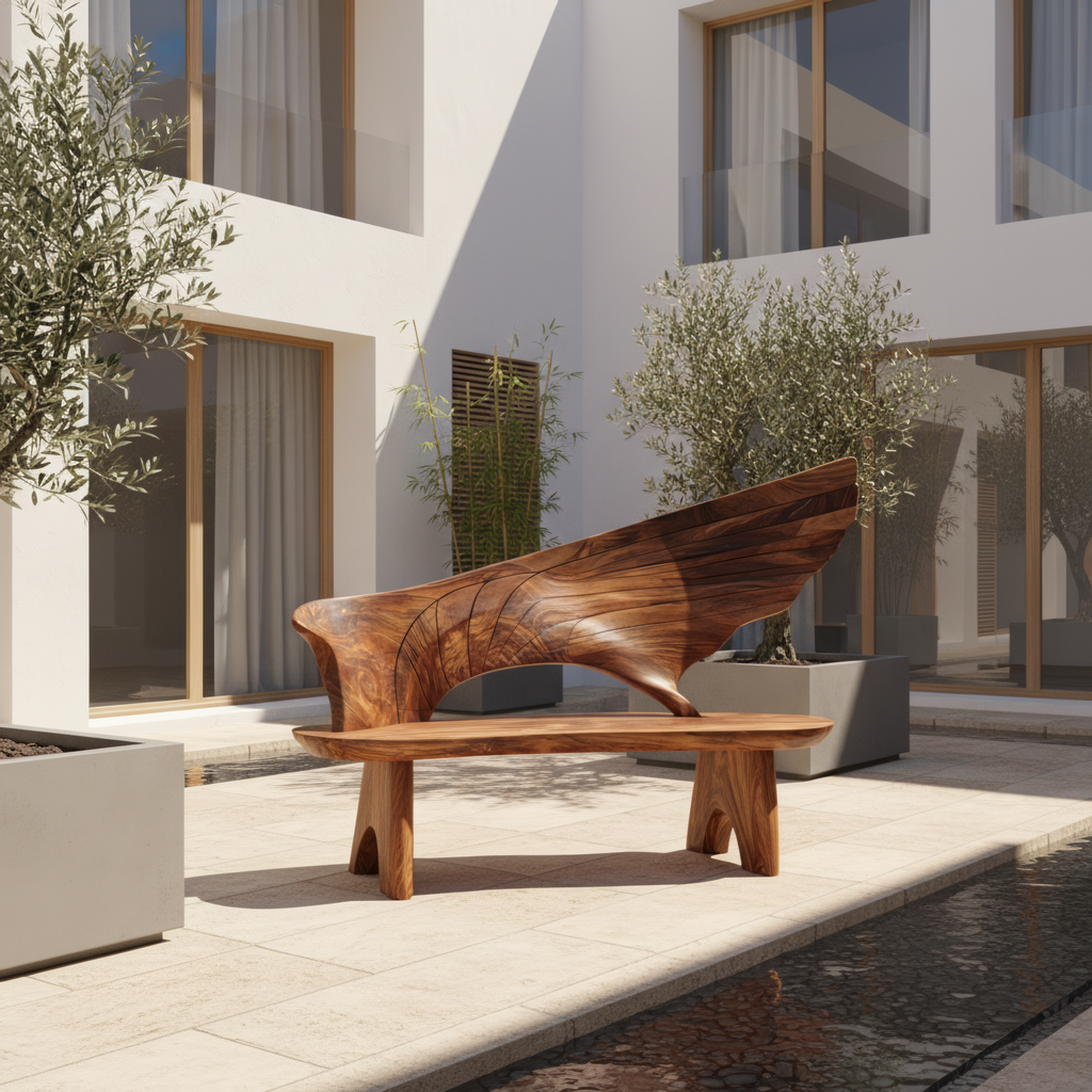 Outdoor Bench With Wing Inspired Carved Backrest For Garden