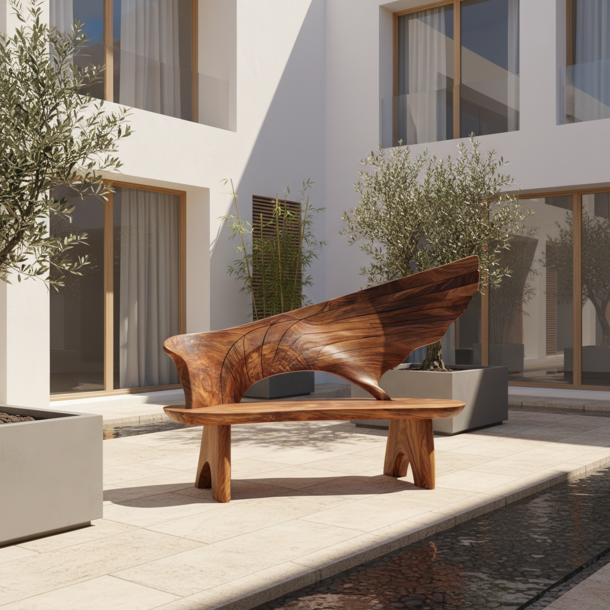 Outdoor Bench With Wing Inspired Carved Backrest For Garden