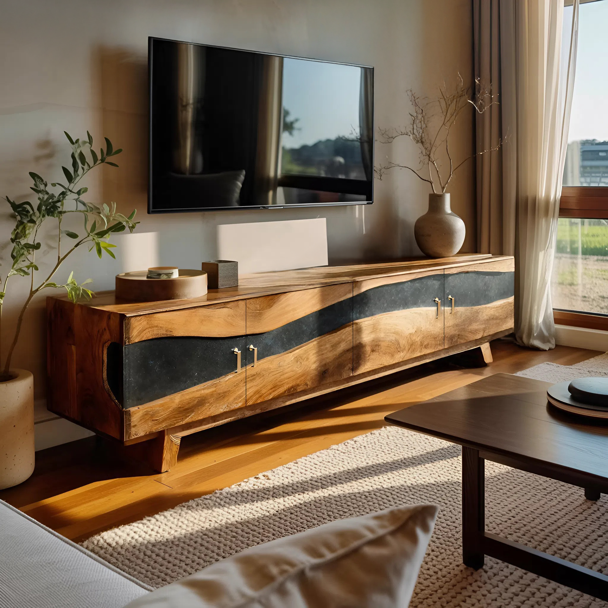 Farmhouse Wooden Live Edge TV Stand For Bedroom Decor