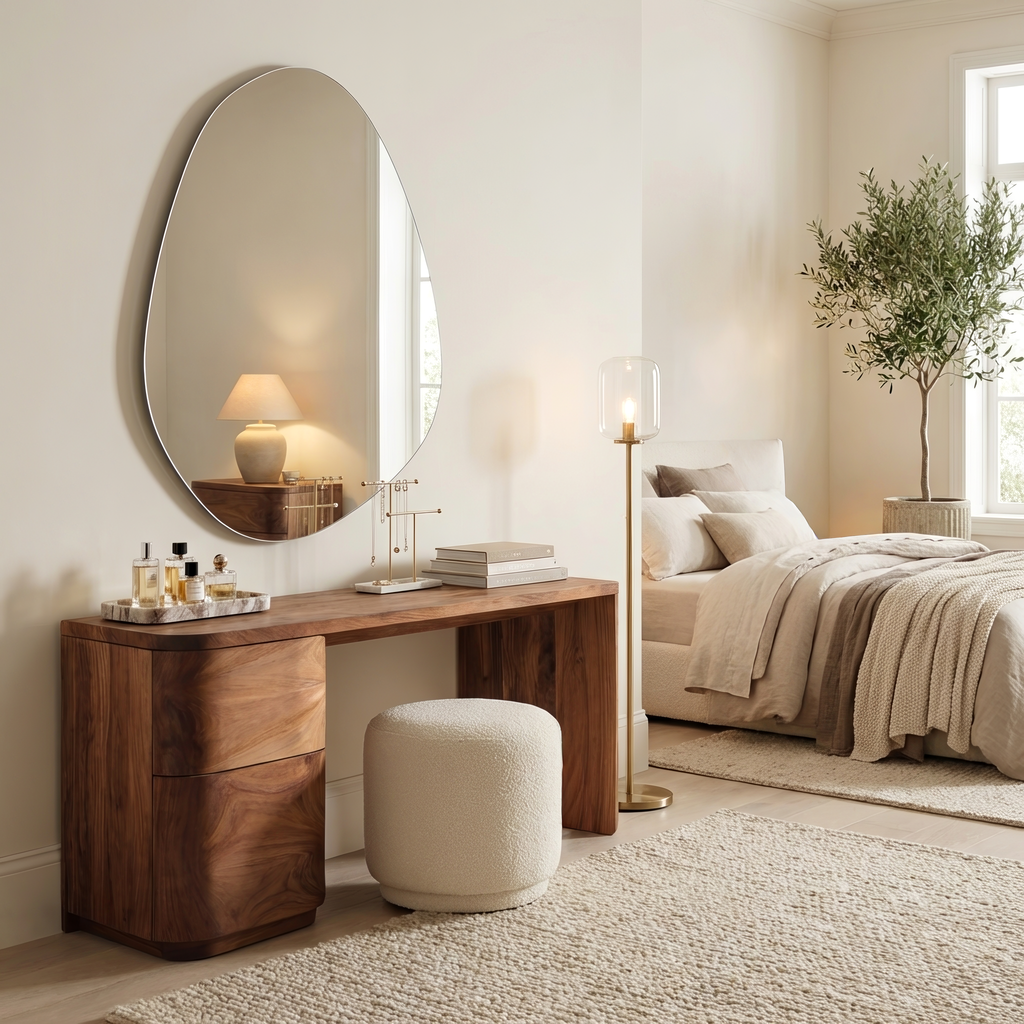 Modern Sculptural Vanity Table With Drawer Storage For Bedroom