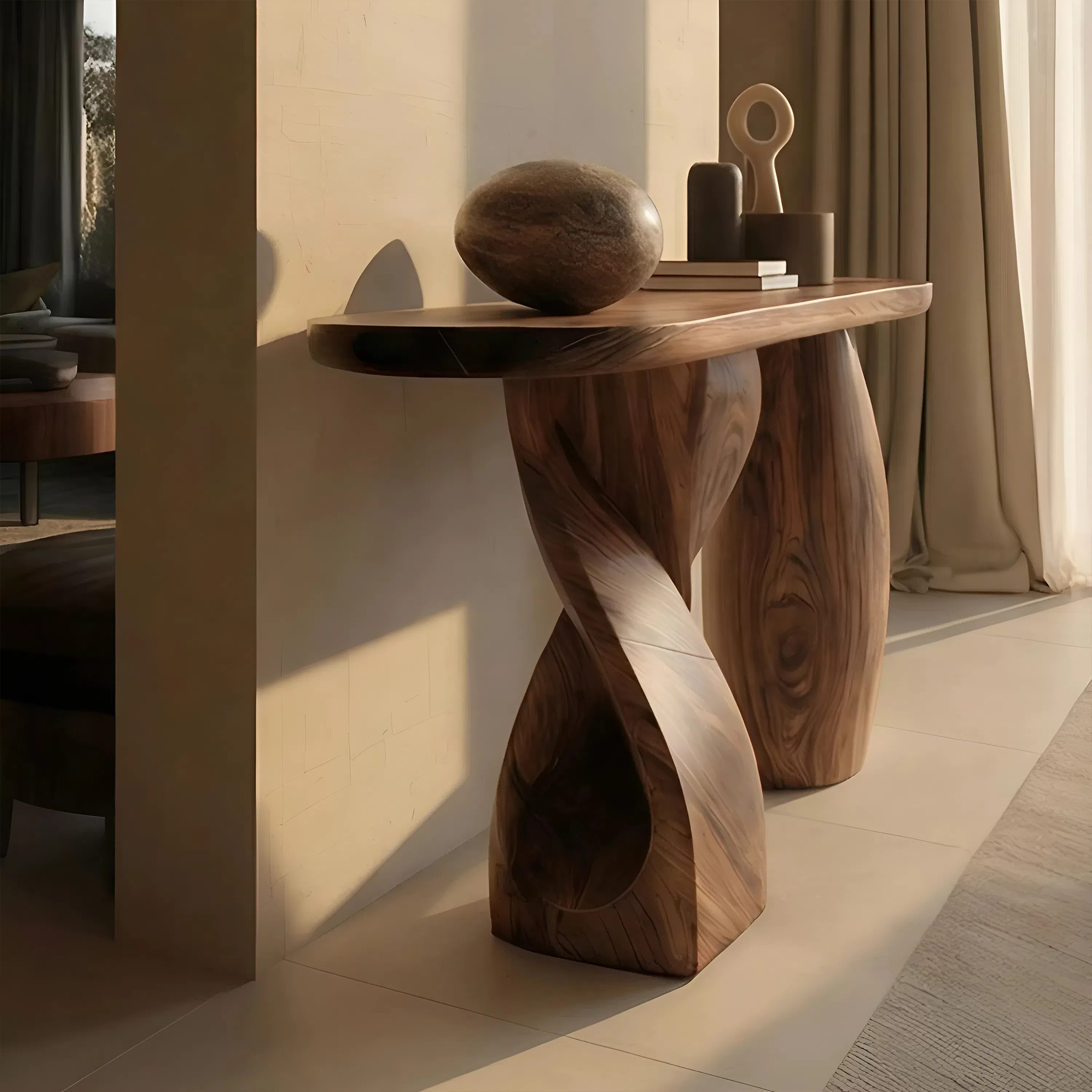 Mid Century Solid Wood Console Table Sculptural Form For Entryway Design