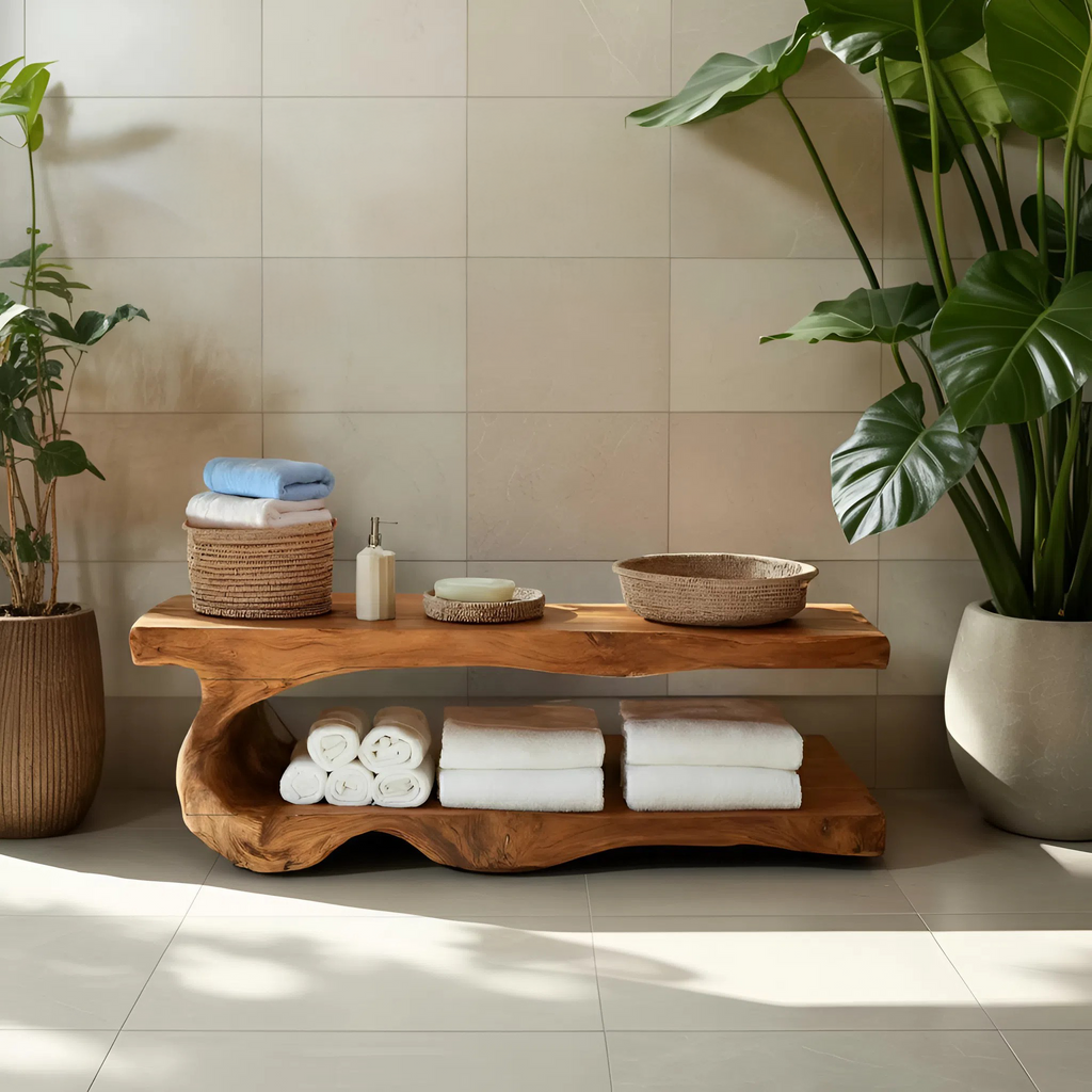 Organic Bath Bench With Storage Shelf For Bathroom