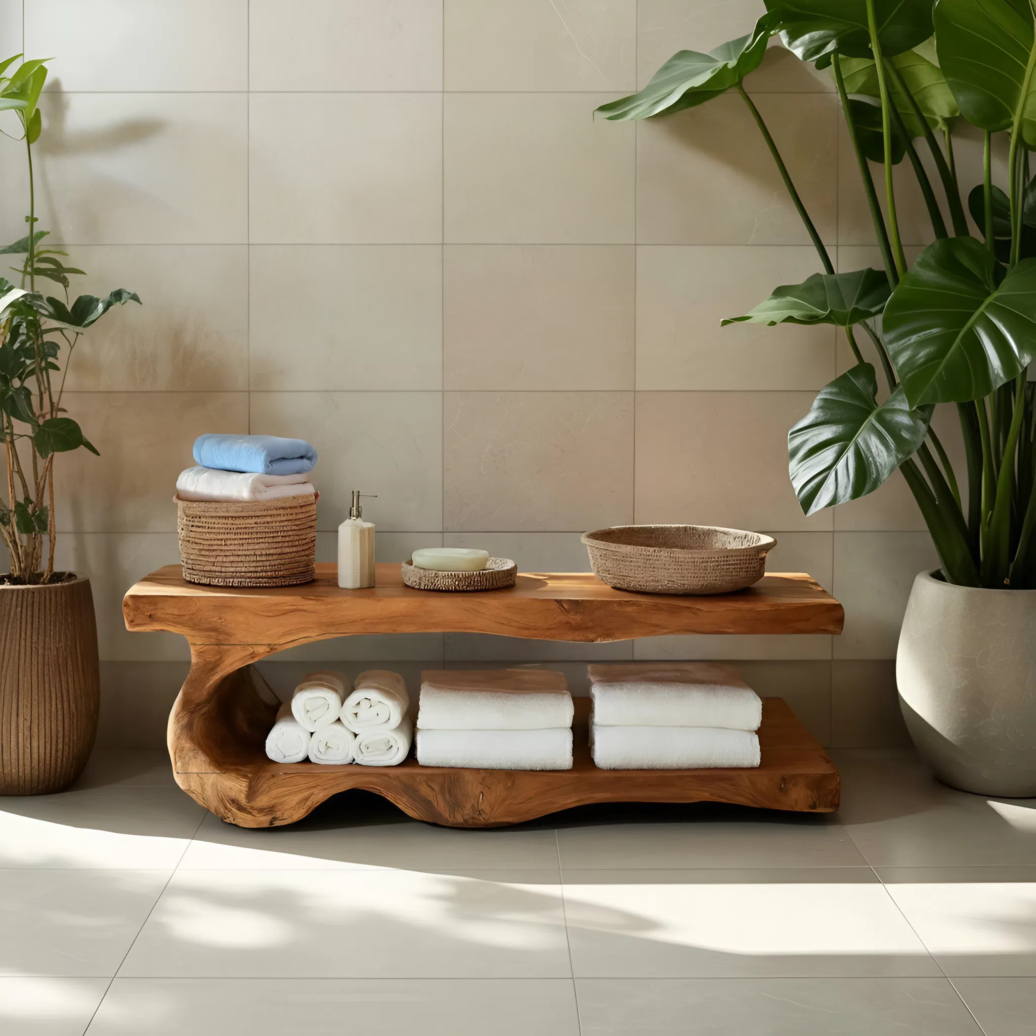 Organic Bath Bench With Storage Shelf For Bathroom