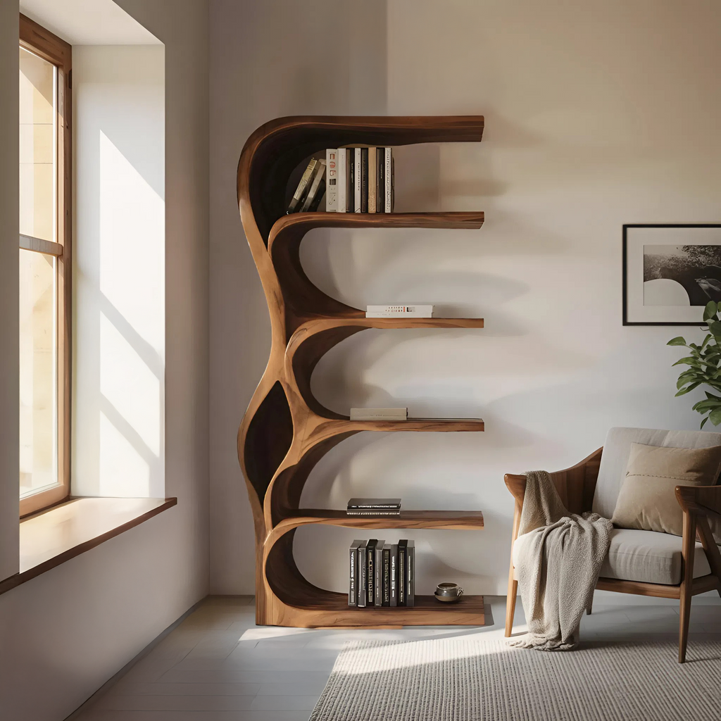 Organic Bookshelf With Curved Open Shelving For Bedroom Decor