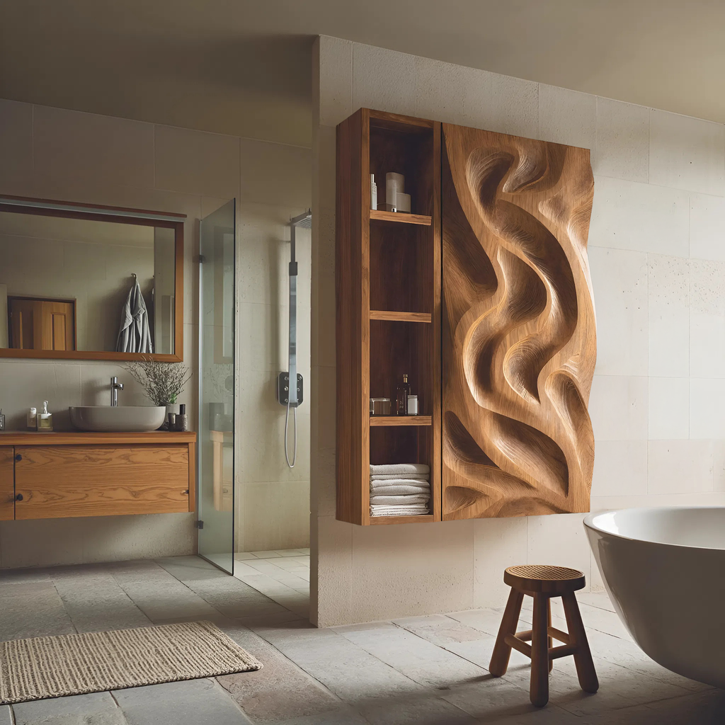 Hand-Carved Bathroom Cabinet Wave Door Design For Bathroom