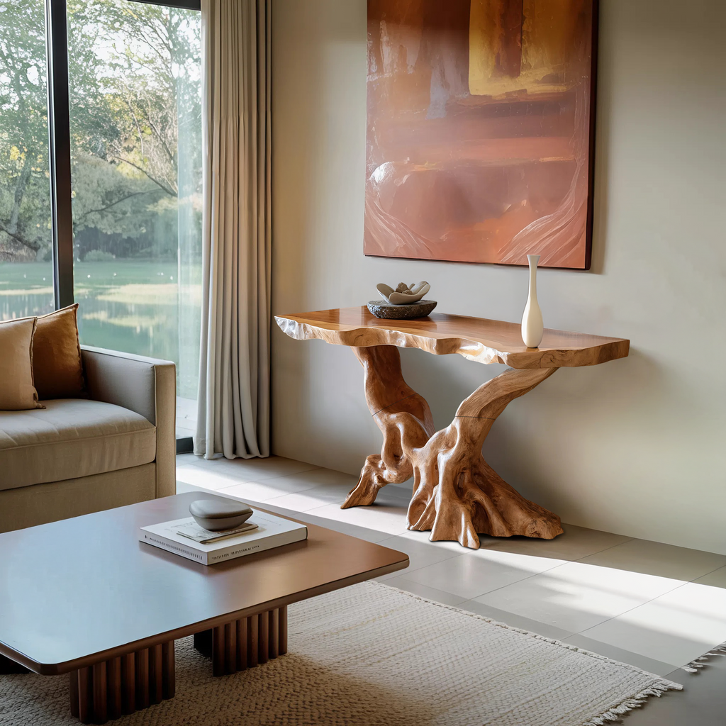 Farmhouse Wooden Live Edge Console Table For Living Room