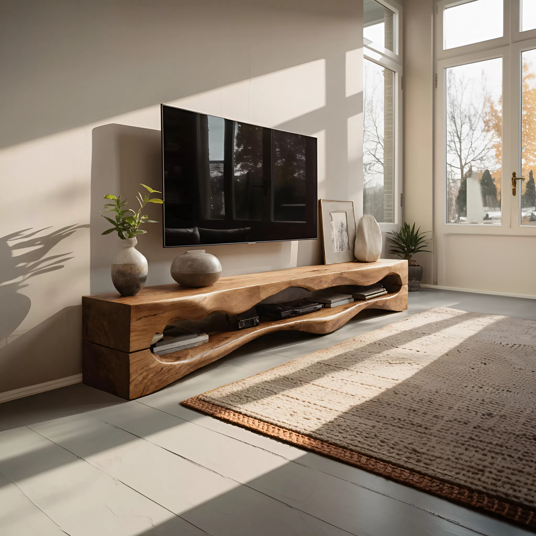 Contemporary Sculptural TV Stand Wavy Carved For Living Room