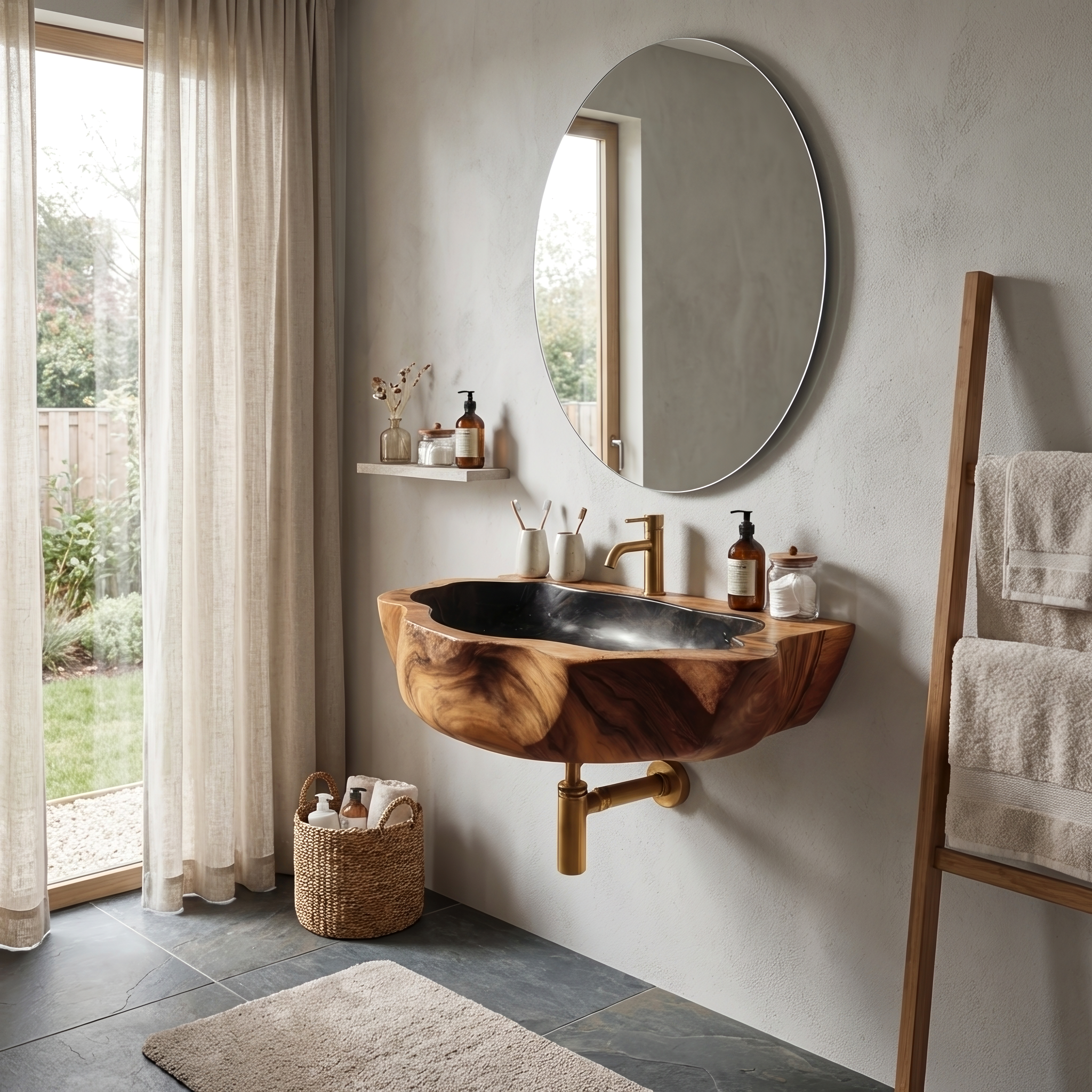 Handcrafted Wall Mounted Wooden Bathroom Sink For Natural Bathroom Decor