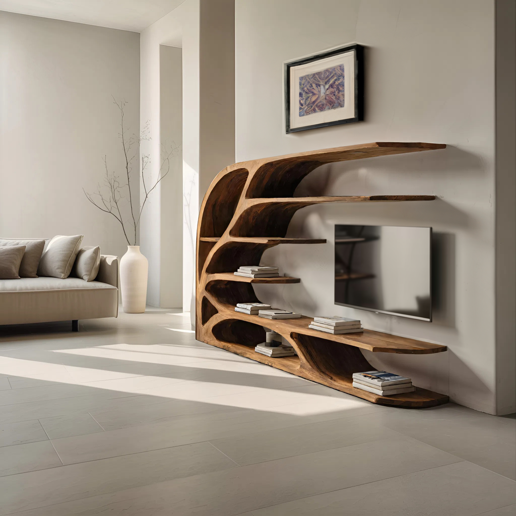 Modern Sculptural Wavy Carved Media Console For Living Room