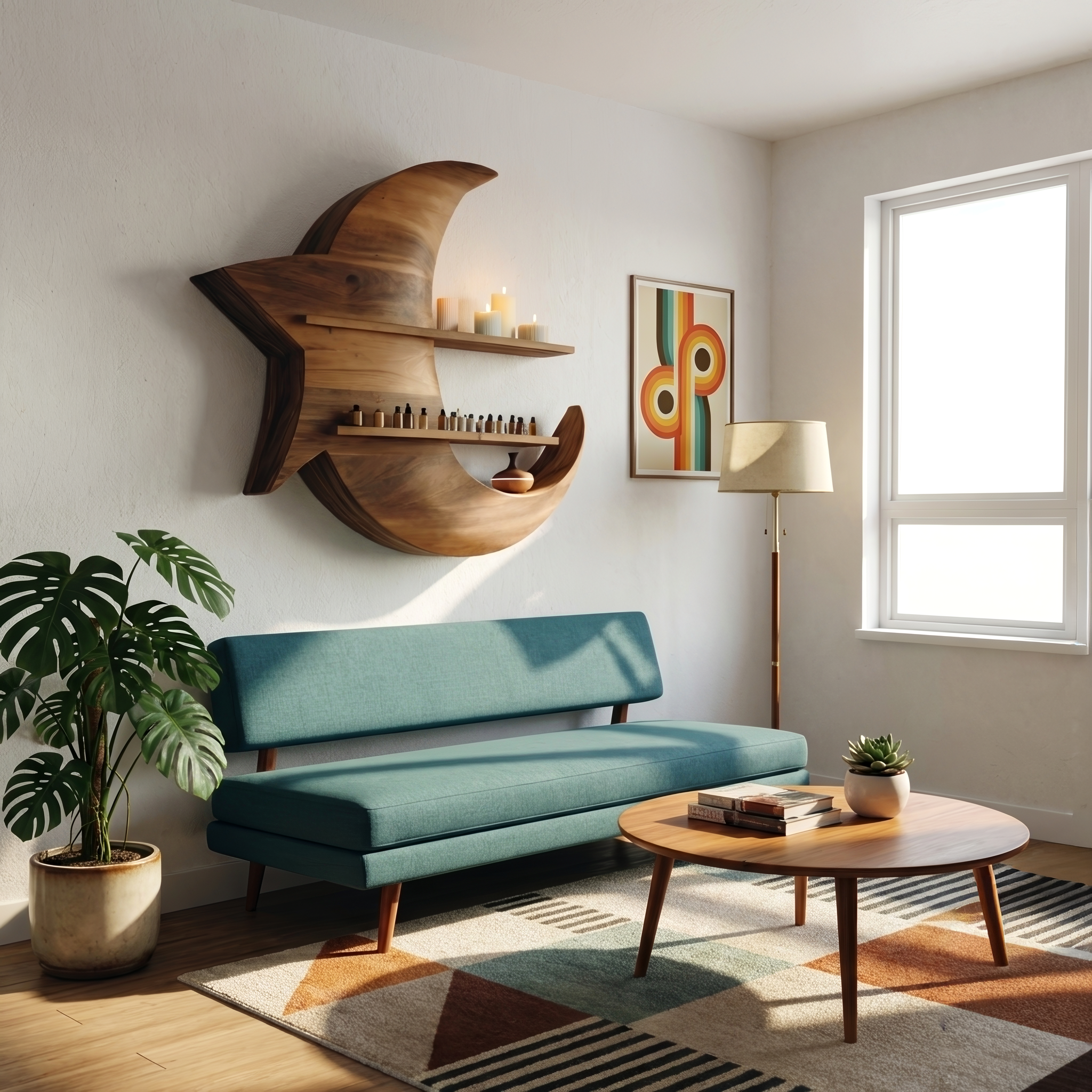 Handcrafted Moon And Star Wooden Shelf For Bedroom Decor