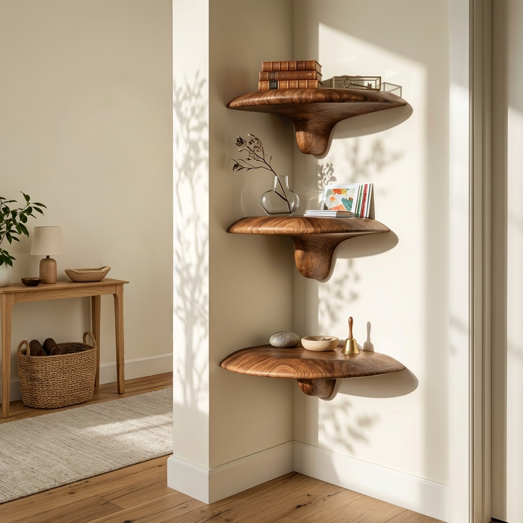 Mid Century Handcrafted Solid Wood Mushroom Shelf For Bedroom Decor