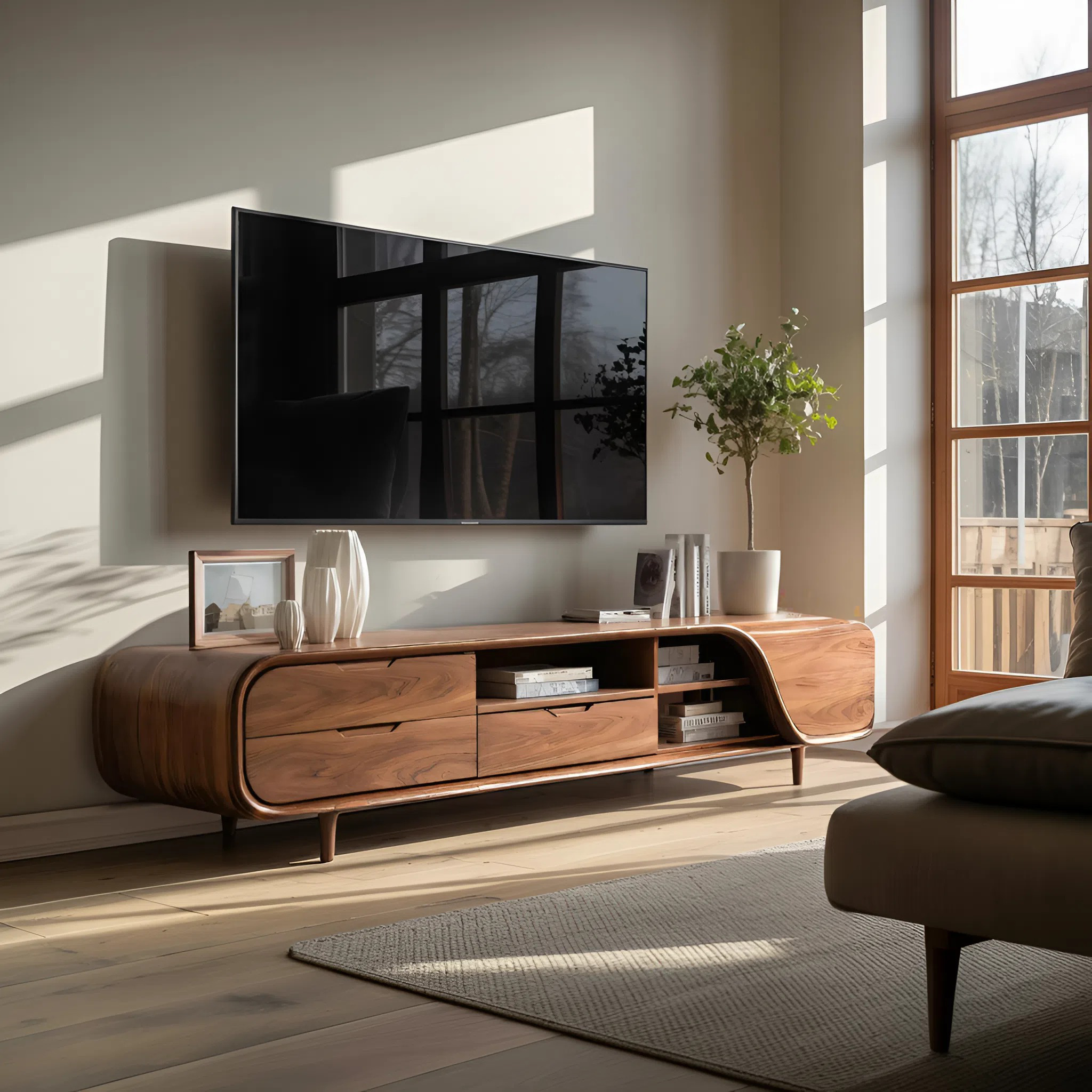 Modern TV Console With Rounded Corners For Living Room