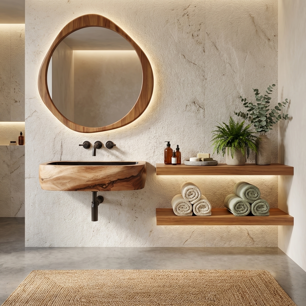 Mid Century Wall Mounted Wooden Bathroom Sink For Modern Bathroom Decor