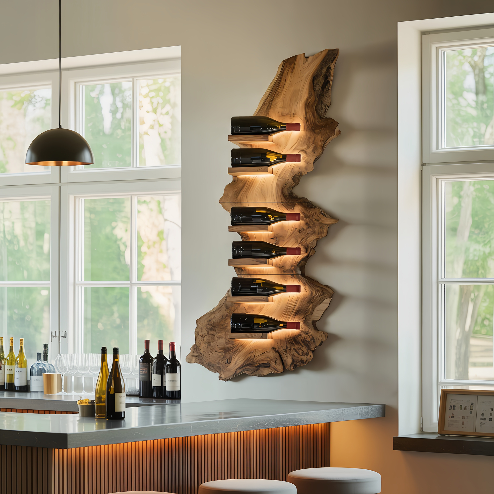 Mid Century Live Edge Wine Holder For Bar Decor Wine Shelf