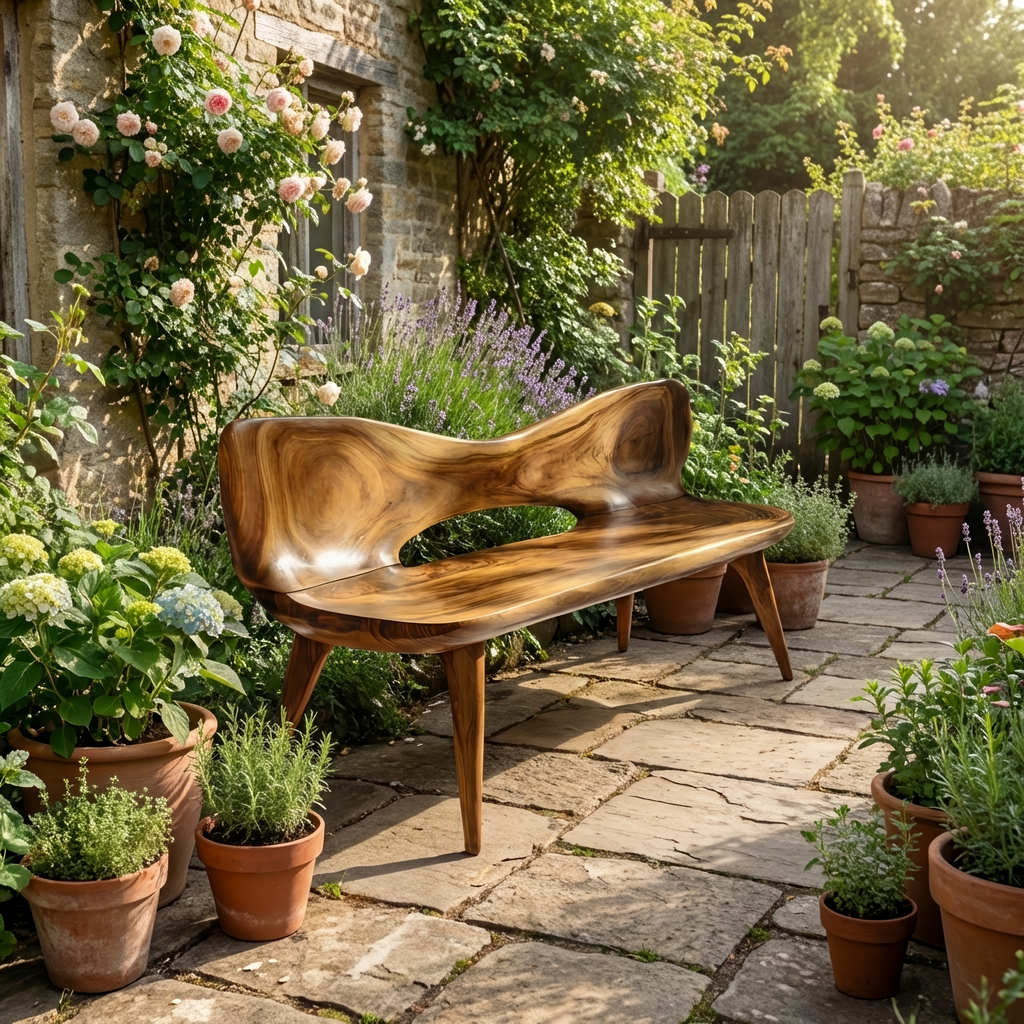 Mid Century Artistic Wooden Bench For Patio Setup
